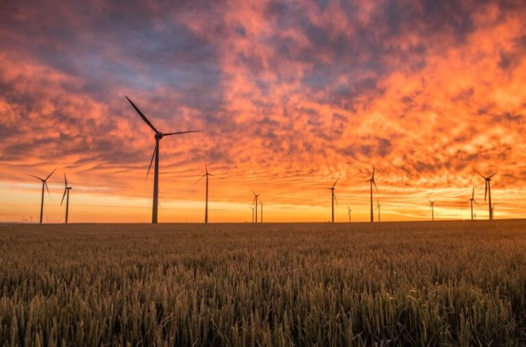 Wind Farms - landscape photography of grass field with windmills under orange sunset