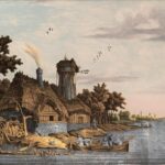 Mill Maintenance - brown and white houses near body of water painting