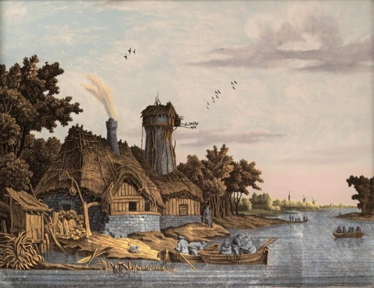 Mill Maintenance - brown and white houses near body of water painting